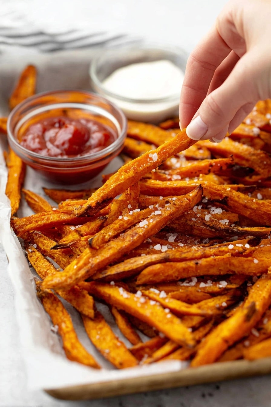 A metal tray lined with brown parchment paper holds many golden orange baked sweet potato fries sprinkled with coarse salt. Two small white bowls sit on top of the fries, one filled with thick white sauce and the other with red ketchup. The fries are arranged unevenly, some overlapping each other, with crispy darker edges visible. The tray is placed on a white marbled surface with a gray cloth nearby. photo taken with an iphone --ar 2:3 --v 7 - Air Fryer Sweet Potato Fries, crispy sweet potato fries, healthy snack recipes, easy air fryer recipes, homemade sweet potato fries