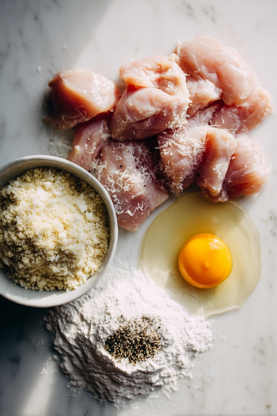 Flat lay of raw boneless skinless chicken breast pieces, a small heap of Italian seasoned bread crumbs mixed with freshly grated Parmesan cheese, a cracked egg with a splash of milk nearby, a neat pile of all-purpose flour, and a sprinkle of ground black pepper, all beautifully arranged with natural light highlighting the textures, placed on a white marble surface, photo taken with an iphone --ar 2:3 --v 7 - Air Fryer Chicken Nuggets, healthy chicken nuggets, crispy chicken bites, easy air fryer recipes, kid-friendly snacks