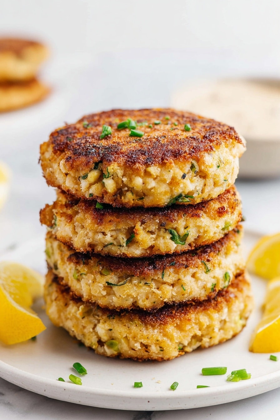 The image shows a cooked patty with a golden brown, slightly crispy top layer, sitting on a white plate with a thin black rim. The patty is thick, with a dense inner texture made of small, slightly crumbly pieces visible inside. A fork lifts a piece from the top layer, revealing the soft, pale interior that looks moist and slightly chunky. Small green herb bits are sprinkled on and around the patty. In the background on the plate is a wedge of lemon and out of focus is a white bowl. The plate sits on a white marbled surface. photo taken with an iphone --ar 2:3 --v 7 - Air Fryer Crab Cakes, crispy crab cakes, healthy seafood recipes, quick crab cakes, easy crab cake recipe