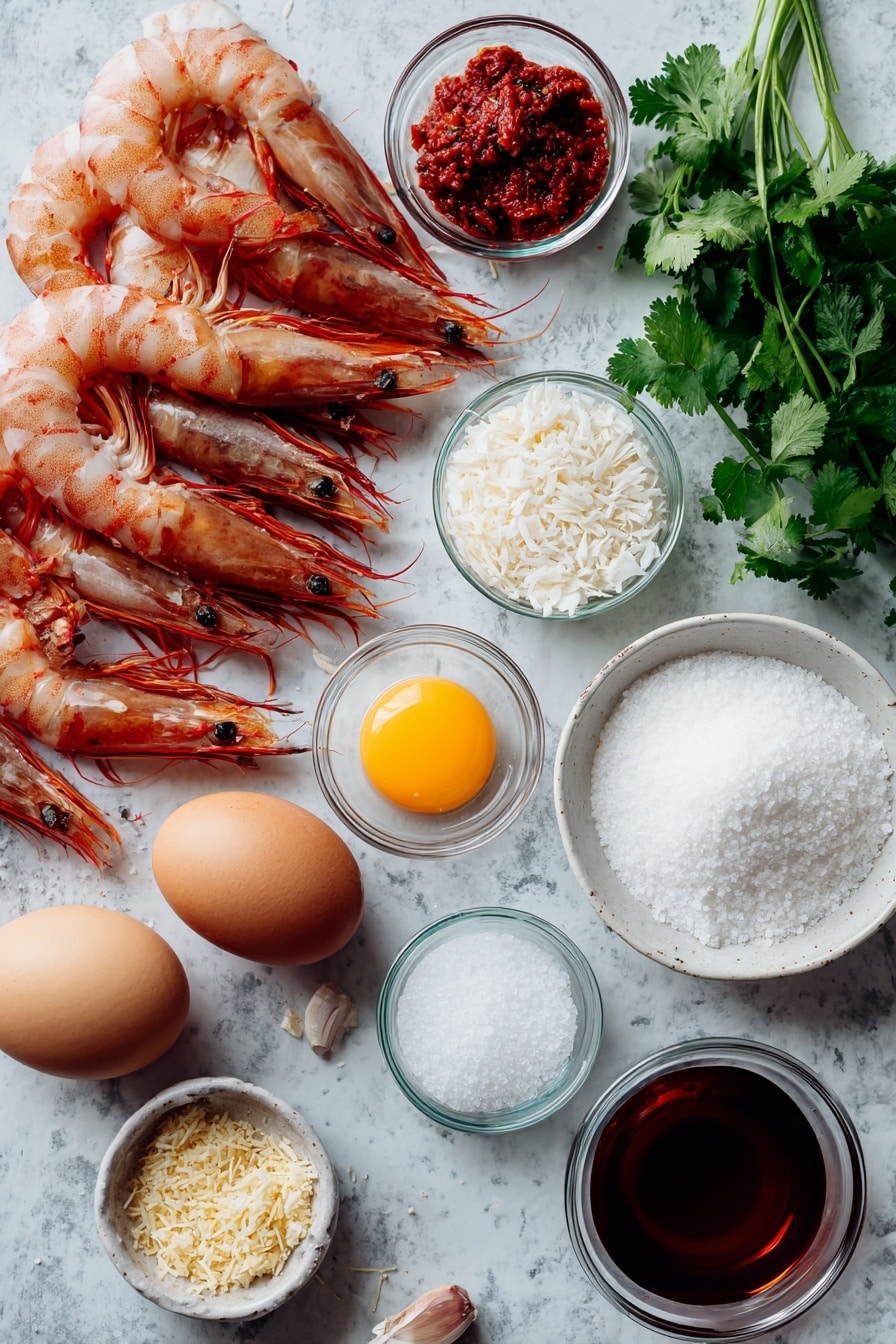 Flat lay of raw shrimp with tails on, sweetened finely shredded coconut, panko breadcrumbs, large brown eggs, fresh garlic cloves, bright red sambal chili paste, fresh cilantro leaves, and small glass bowls of rice vinegar and granulated sugar, all beautifully arranged on a white marble surface, photo taken with an iphone --ar 2:3 --v 7 - Air Fryer Coconut Shrimp with Sweet Chili Sauce, coconut shrimp appetizer, healthy shrimp recipes, crispy coconut shrimp, homemade sweet chili sauce