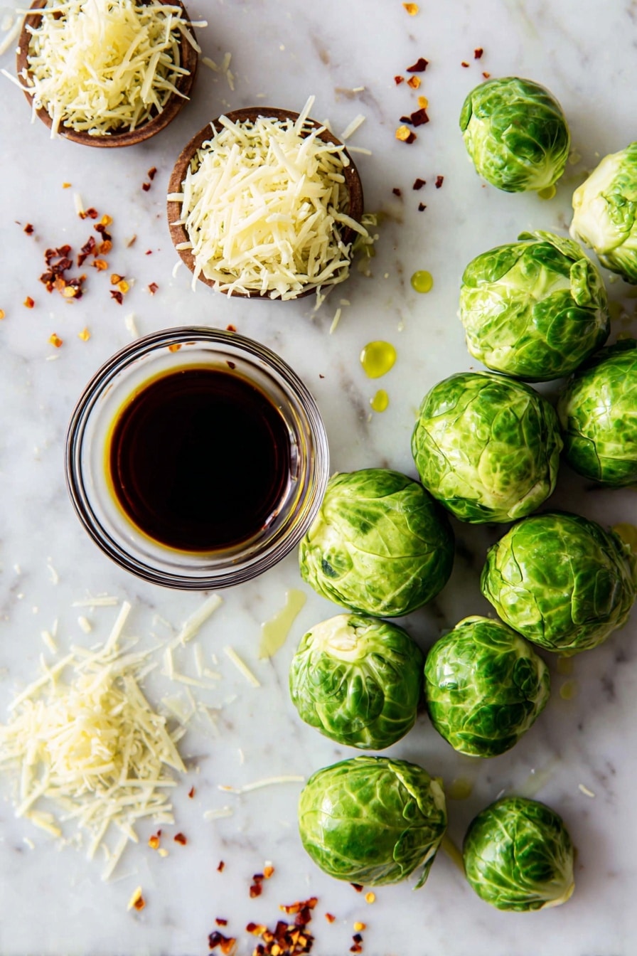 Flat lay of fresh green Brussels sprouts, small piles of grated parmesan cheese, a small glass bowl of dark balsamic vinegar, and a drizzle of golden olive oil beautifully arranged with a few scattered chili flakes for color, placed on a white marble surface, photo taken with an iphone --ar 2:3 --v 7 - Air Fryer Smashed Brussels Sprouts, crispy Brussels sprouts, healthy Brussels sprouts side dish, easy Brussels sprouts recipe, Brussels sprouts snack