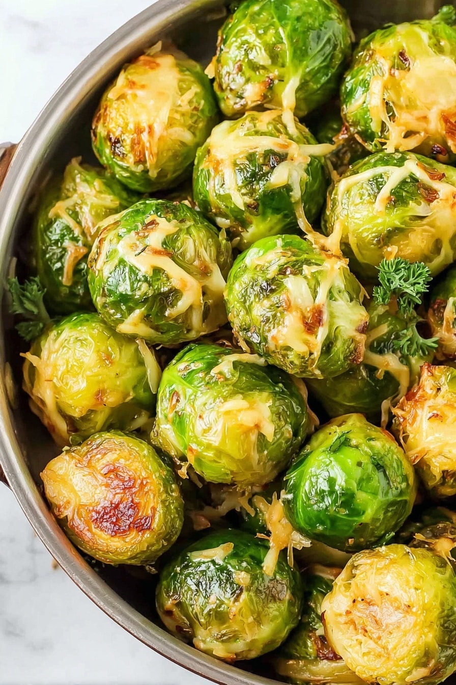 A close-up view of a metal pan filled with roasted Brussels sprouts. Each Brussels sprout is green with golden brown spots showing roasting, and some have melted light yellow cheese on top. The Brussels sprouts are tightly packed in the pan, showing their round shape and slightly crispy texture. The background is a white marbled surface. photo taken with an iphone --ar 2:3 --v 7 - Air Fryer Smashed Brussels Sprouts, crispy Brussels sprouts, healthy Brussels sprouts side dish, easy Brussels sprouts recipe, Brussels sprouts snack
