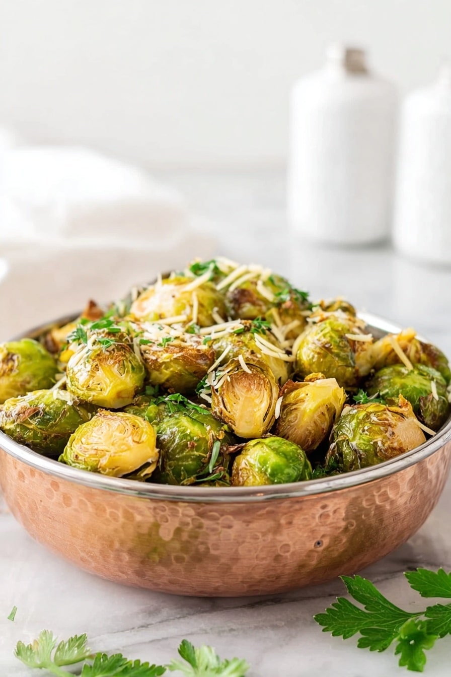 A copper bowl filled with cooked Brussels sprouts, showing a mix of green and golden brown colors with a slightly shiny texture, and topped with small shreds of melted cheese scattered unevenly on top. The bowl sits on a white marbled surface with some green parsley leaves placed around it. In the background, there are blurred white salt and pepper shakers on the same white marbled surface. Photo taken with an iphone --ar 2:3 --v 7 - Air Fryer Smashed Brussels Sprouts, crispy Brussels sprouts, healthy Brussels sprouts side dish, easy Brussels sprouts recipe, Brussels sprouts snack