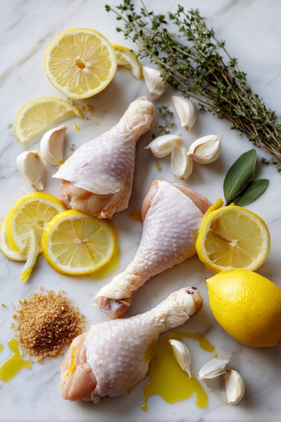 Flat lay of raw chicken drumsticks with bright yellow lemon slices and lemon zest, whole garlic cloves with papery skins, sprigs of fresh oregano, a small pile of brown sugar crystals, and a drizzle of golden olive oil droplets, all beautifully arranged on a white marble surface, photo taken with an iphone --ar 2:3 --v 7 - Air Fryer Lemon Garlic Chicken Drumsticks, Lemon Garlic Chicken, Crispy Air Fryer Chicken, Easy Chicken Dinner, Healthy Chicken Recipes
