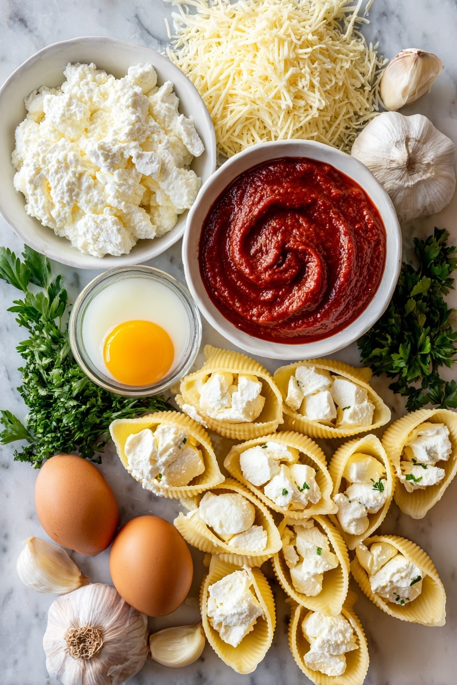 Flat lay of creamy ricotta cheese dollops, shredded parmesan cheese piles, fresh chopped parsley sprigs, whole garlic cloves, a cracked egg with bright yolk, uncooked jumbo pasta shells arranged in neat rows, a generous swirl of rich red marinara sauce, and a handful of mozzarella cheese chunks scattered artfully, placed on a white marble surface, photo taken with an iphone --ar 2:3 --v 7 - Instant Pot Stuffed Pasta Shells with Ricotta, Mozzarella, and Marinara, easy stuffed pasta shells, cheesy pasta bake in Instant Pot, quick Italian comfort food, family-friendly pasta recipes