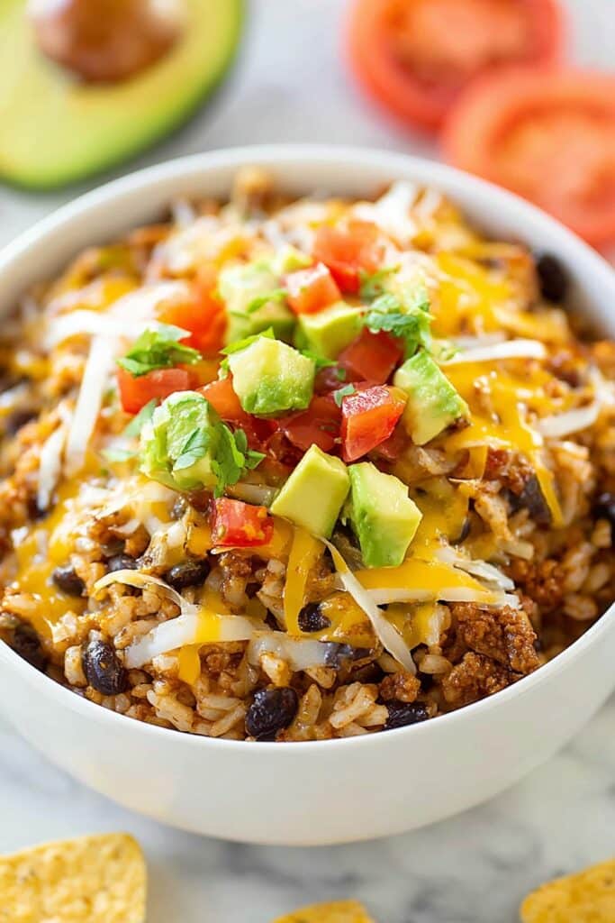 Hearty Ground Beef Burrito Bowls with Rice and Toppings Recipe