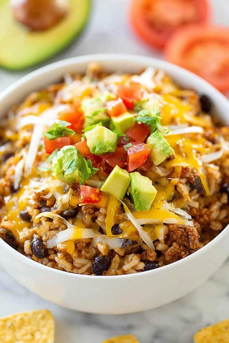 Hearty Ground Beef Burrito Bowls with Rice and Toppings Recipe