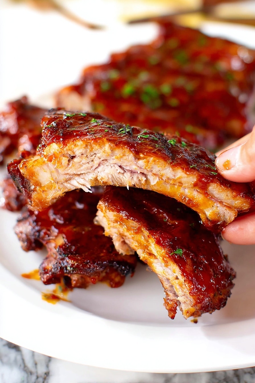 The image shows a close-up of grilled ribs with a shiny, sticky reddish-brown sauce coating them. There are two ribs lying flat on a white plate with grilled marks and crispy edges, and one rib is being held by a woman's hand from the right side, showing its tender, juicy inside with visible grain texture. The ribs have a rich glaze that catches the light and tiny specks of herbs sprinkled on top. The background features a white marbled surface with some blurred-out elements. photo taken with an iphone --ar 2:3 --v 7 - Fall Off the Bone Instant Pot Ribs, Instant Pot ribs recipe, tender ribs in under an hour, easy pressure cooker ribs, flavorful pork ribs