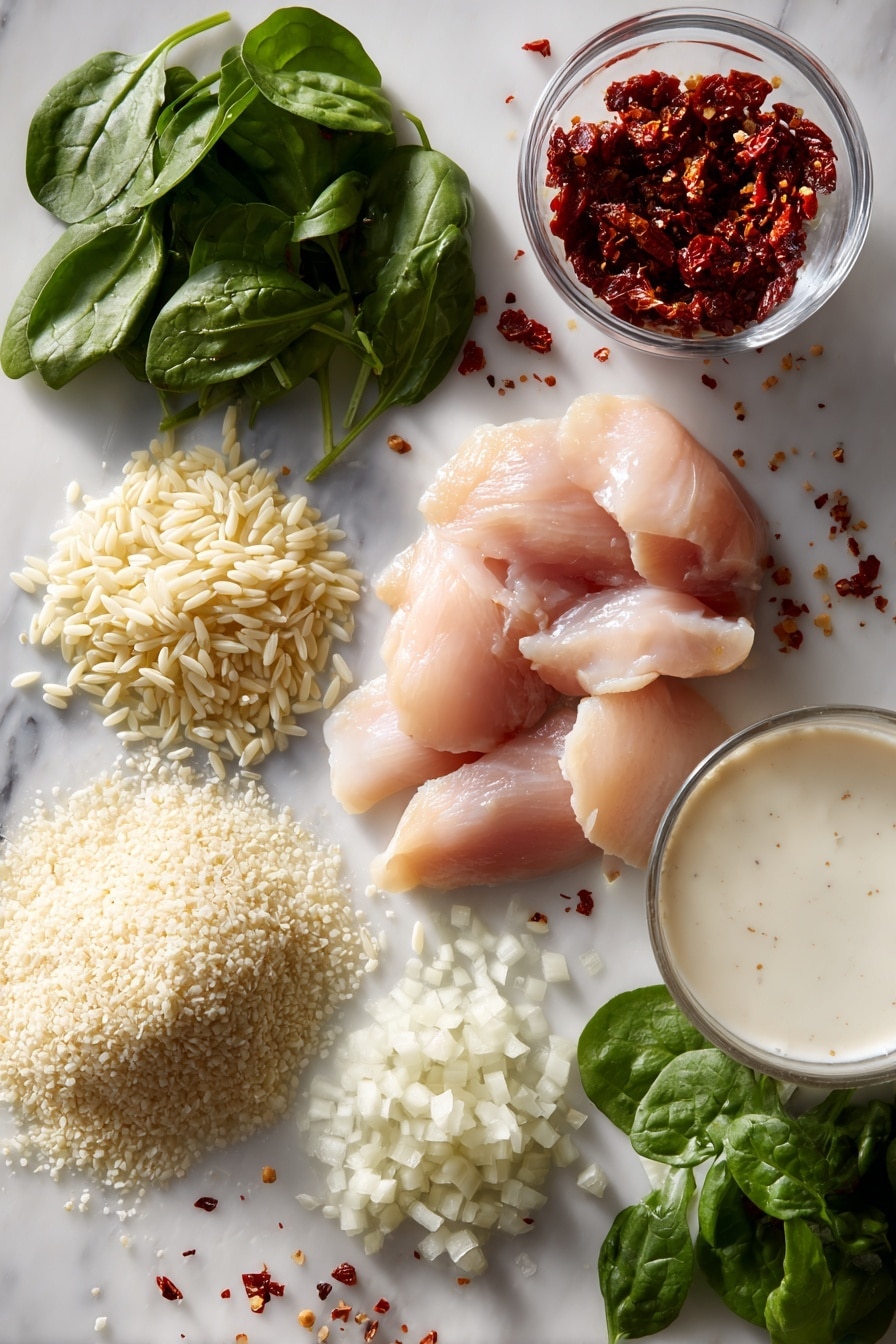 Flat lay of cubed boneless skinless chicken breasts, bright red chopped sun-dried tomatoes, minced garlic cloves, diced white onion, fresh roughly chopped spinach leaves, dry orzo pasta grains, a small pile of grated Parmesan cheese, and a glass of creamy heavy cream, all beautifully arranged with a few scattered Italian seasoning herbs and red pepper flakes around, placed on a white marble surface, photo taken with an iphone --ar 2:3 --v 7 - Creamy Tuscan Chicken Orzo, Tuscan chicken slow cooker, easy creamy chicken pasta, Italian chicken and orzo, flavorful slow cooker chicken