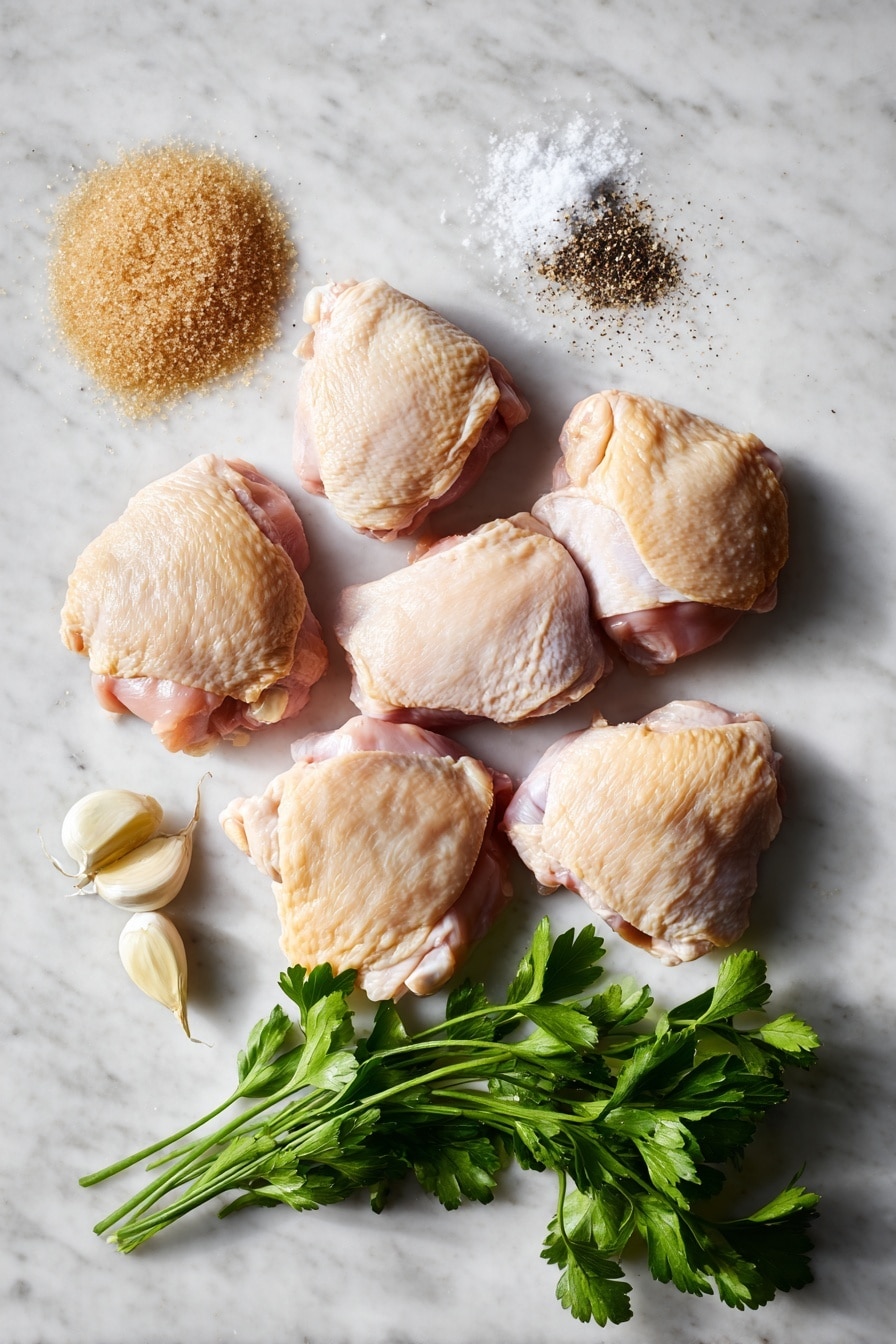 Flat lay of five raw chicken thighs with skin on and bone-in, a small heap of light brown sugar crystals, fresh minced garlic cloves, a sprinkling of coarse ground black pepper, a pinch of kosher salt, and a few sprigs of fresh green parsley leaves, all beautifully arranged in a natural and inviting composition placed on a white marble surface, photo taken with an iphone --ar 2:3 --v 7 - Slow Cooker Brown Sugar Garlic Chicken, easy slow cooker chicken recipes, tender garlic chicken thighs, brown sugar chicken dinner, effortless slow cooker chicken