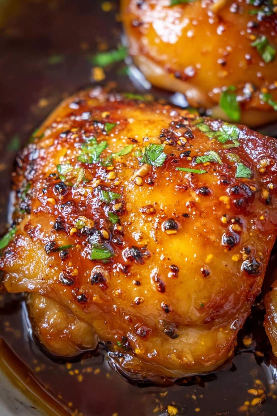 The image shows two pieces of cooked chicken thighs with a shiny, orange-brown glaze on top. The skin looks crispy with small black spots of char and is sprinkled with tiny pieces of green herbs and mustard seeds. The chicken sits in a dark, thick sauce that is glossy and has small bits of herbs floating around. The close-up view shows the juicy texture of the chicken and the sauce pooling around it on a white marbled surface photo taken with an iphone --ar 2:3 --v 7 - Slow Cooker Brown Sugar Garlic Chicken, easy slow cooker chicken recipes, tender garlic chicken thighs, brown sugar chicken dinner, effortless slow cooker chicken