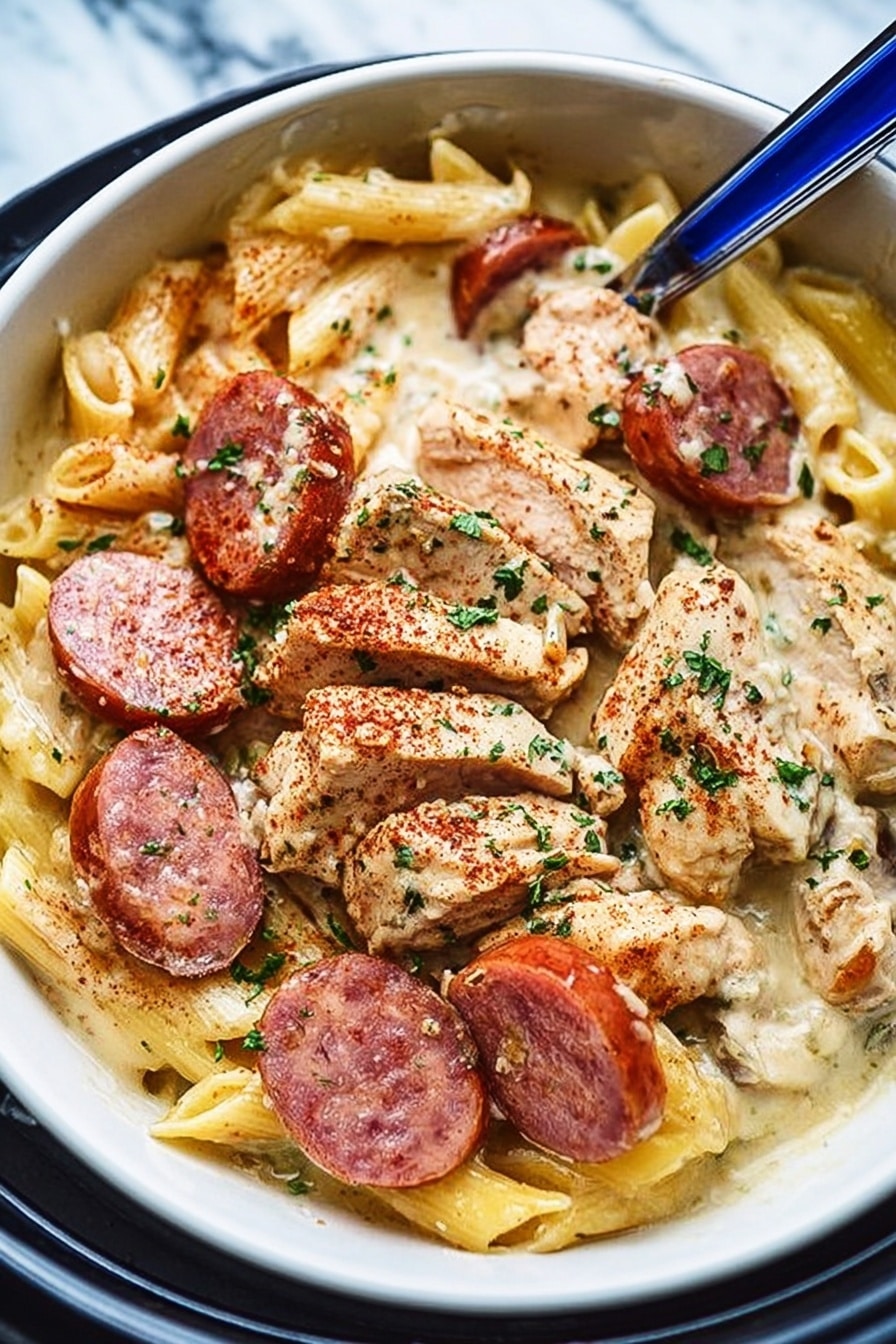 The dish shows a close-up of sliced white chicken pieces layered in the center, surrounded by thick slices of reddish-brown sausage on top of creamy, pale yellow penne pasta. The creamy sauce, light beige in color, covers the pasta and meat, speckled with green parsley and a dusting of reddish-brown seasoning. A blue ladle rests on the right side, partially submerged in the mixture of pasta, meat, and sauce. The food is in a black pot with a slight shine inside, and the whole scene sits on a white marbled surface. photo taken with an iphone --ar 2:3 --v 7 - Slow Cooker Cajun Chicken Alfredo, Cajun Chicken Alfredo recipe, creamy Cajun chicken pasta, easy slow cooker chicken dishes, smoky Cajun Alfredo