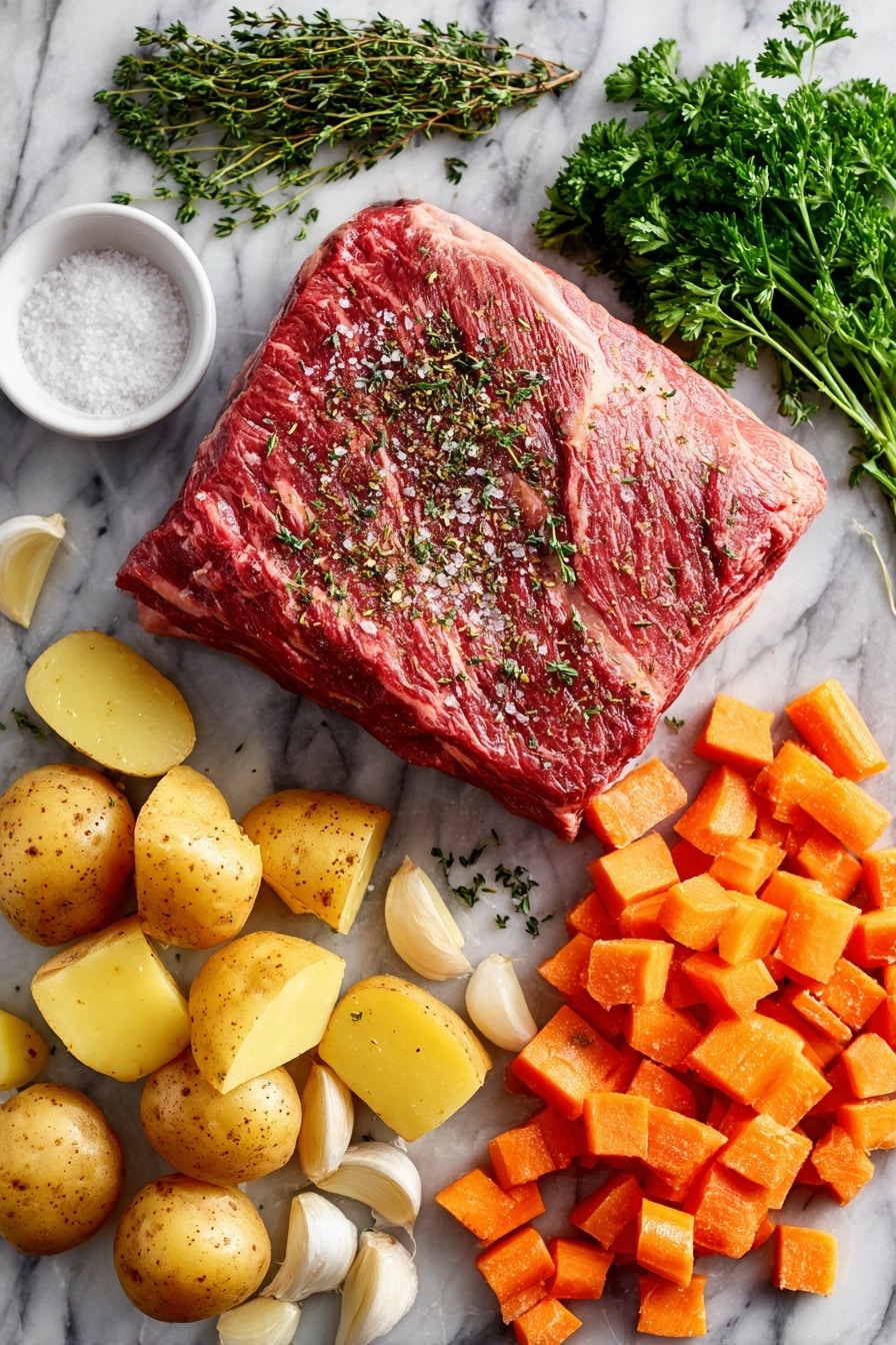 Flat lay of a raw chuck roast seasoned with coarse black pepper and dried thyme, peeled and chunked bright orange carrots, golden Yukon Gold potatoes cut into chunks, fresh minced garlic cloves, and a small bunch of vibrant green chopped parsley, all beautifully arranged with a small pile of coarse kosher salt sprinkled nearby, placed on a white marble surface, photo taken with an iphone --ar 2:3 --v 7 - Ultimate Slow Cooker Pot Roast, slow cooker pot roast, easy pot roast recipe, hearty comfort food, tender beef dinner