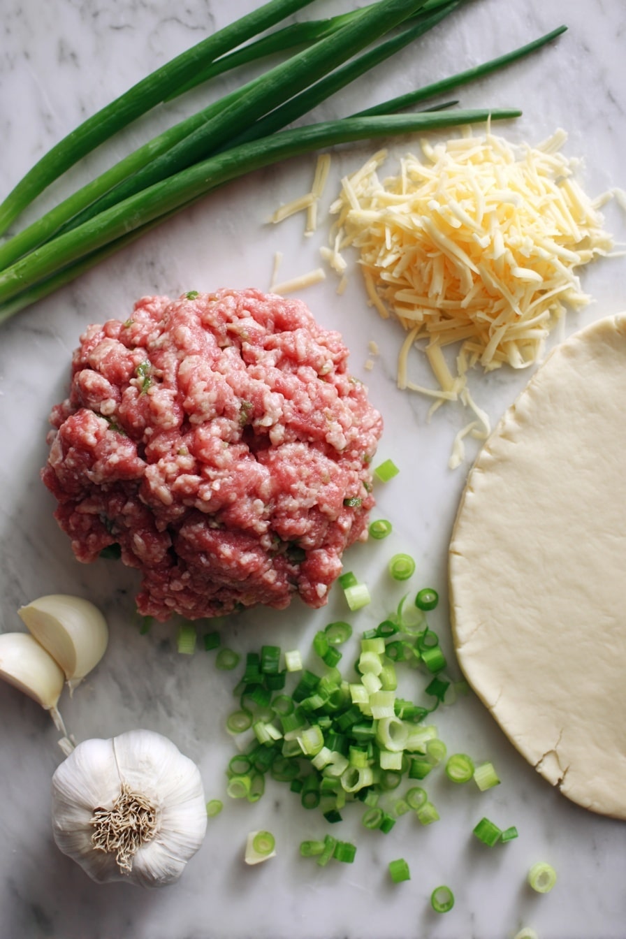 Flat lay of raw ground breakfast sausage piled gently beside a block of creamy white cream cheese, bright green sliced scallions scattered artistically, golden shredded cheddar cheese sprinkled nearby, two peeled garlic cloves resting close to a smooth, unrolled sheet of pale crescent roll dough, all arranged neatly on a white marble surface, photo taken with an iphone --ar 2:3 --v 7 - Sausage Pinwheels, savory breakfast pinwheels, easy appetizer recipes, cheesy sausage snacks, flaky sausage snacks