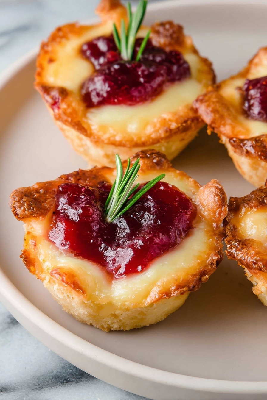 Three small baked tartlets sit on a round white plate with a white marbled surface underneath. Each tartlet has a golden-brown crust layer that curves around the edges, holding a creamy, light yellow cheese layer topped with a smooth, deep red cranberry sauce layer. A small rosemary leaf is placed on top of each tartlet, adding a touch of dark green. The tartlets are close together, showing the slightly bubbly texture of the melted cheese and the shiny, thick texture of the cranberry topping. Photo taken with an iphone --ar 2:3 --v 7 - Cranberry Brie Bites, Brie appetizer with cranberry sauce, easy holiday appetizers, savory cranberry bites, party finger foods