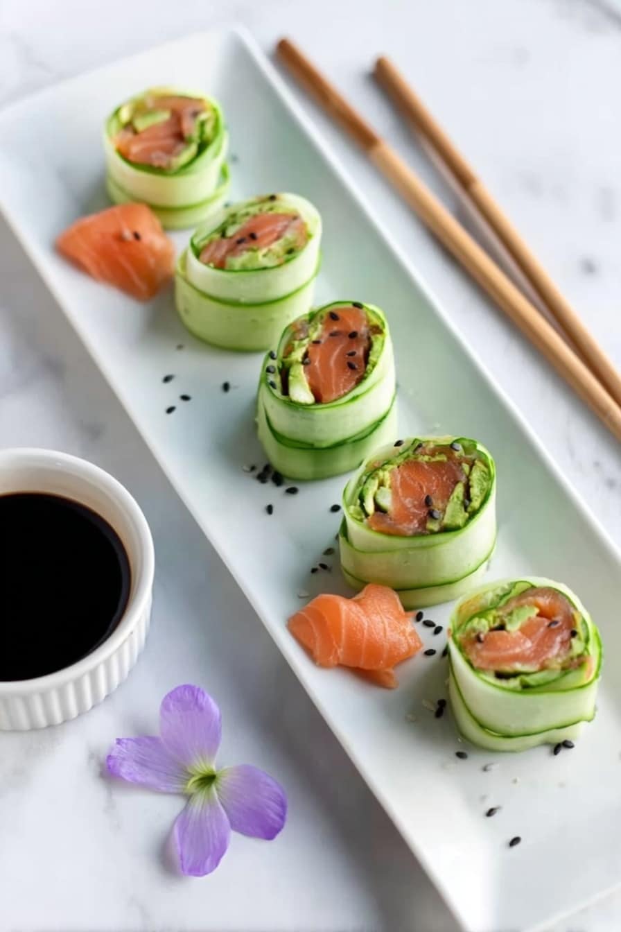 The image shows six sushi rolls placed on a long white rectangular plate. Each roll has three main layers: a green outer layer made from thin cucumber slices, a middle layer of white rice, and an orange inner layer of salmon. The rolls are sprinkled with small black sesame seeds on top. A few small pieces of salmon rest between some rolls. On the left side of the plate, there is a small light purple flower with five petals. In front of the plate lies a pair of wooden chopsticks crossing each other. Next to the plate on the white marbled surface, there is a small white round bowl filled with dark soy sauce. Photo taken with an iphone --ar 2:3 --v 7 - Smoked Salmon Cucumber Roll with Avocado, smoked salmon appetizer, healthy cucumber roll, easy seafood appetizer, fresh avocado snack