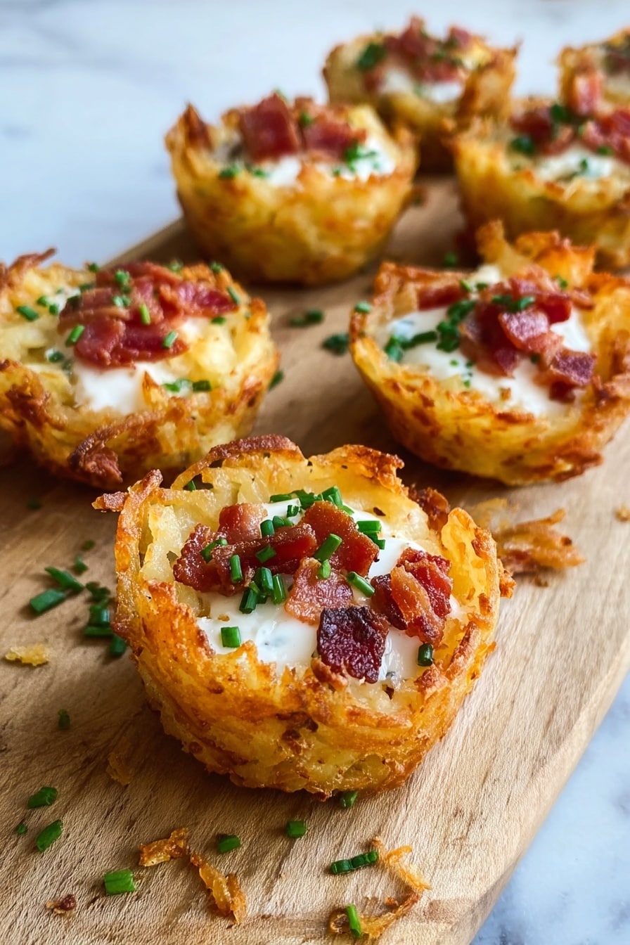 The image shows several small cups made of golden brown crispy hashbrowns, each with three visible layers: a crunchy outer shell of fried shredded potato with a slightly rough texture, a middle layer of creamy white sour cream in the center, and topped with small red pieces of cooked bacon and fresh chopped green chives scattered on and around the cups. The cups are placed on a light brown wooden board with a few crumbs and chive pieces around, set on a white marbled surface in soft natural light. photo taken with an iphone --ar 2:3 --v 7 - Tater Tot Appetizer Cups, Tater Tot Cups, Crispy Tater Tot Appetizer, Bite-sized Tater Tot Snacks, Cheesy Bacon Tater Tots