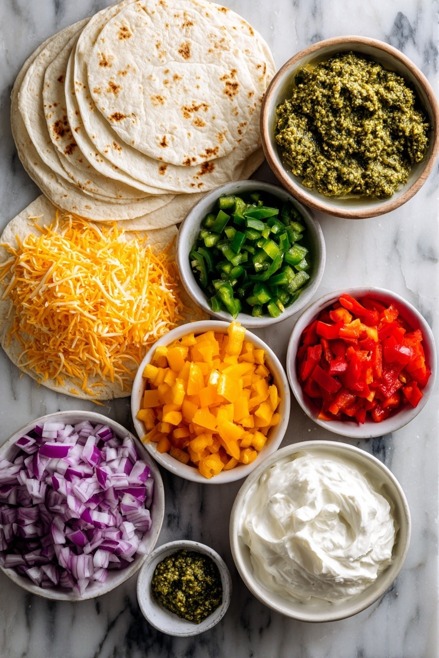 Flat lay of soft cream cheese, bright diced green chilies, shredded sharp cheddar cheese, finely chopped red onion, colorful diced bell peppers, smooth sour cream, vibrant green basil pesto, and a stack of fresh flour tortillas, all beautifully arranged with pops of color and texture placed on a white marble surface, photo taken with an iphone --ar 2:3 --v 7 - Cheesy Green Chile Antojitos, Green Chile Snacks, Southwest Appetizers, Easy Mexican Snacks, Basil Pesto Dipping Sauce
