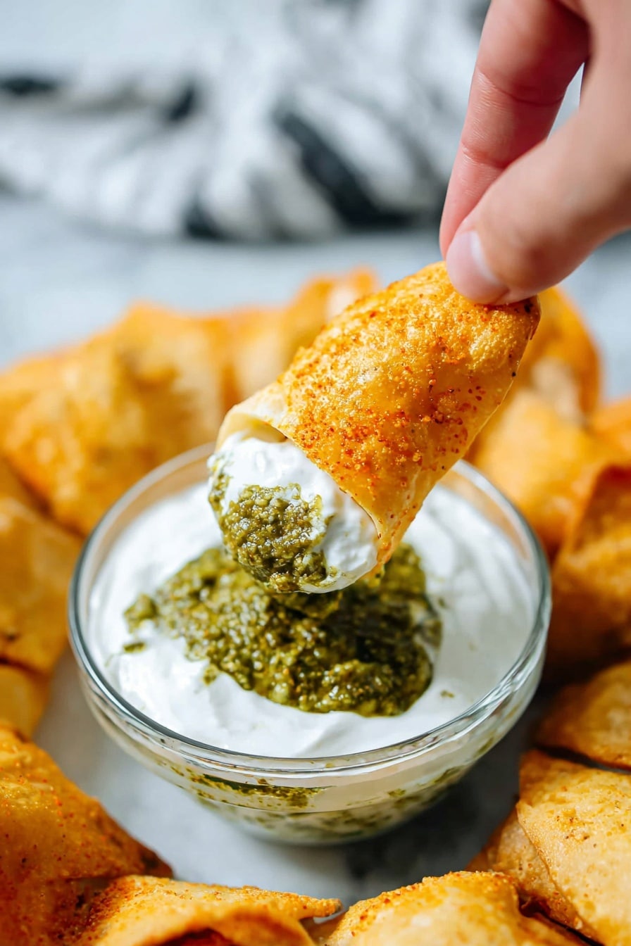 The image shows a close-up of a woman's hand holding a golden rolled appetizer with a visible swirl pattern, dipped halfway into a small glass bowl filled with two layers of sauce—the bottom layer is creamy white, and the top layer is green with a coarse texture. Around the bowl, there is a circle of similar rolled appetizers arranged on a white marbled surface. The colors are warm, with the golden rolls contrasting against the creamy white and green sauces. Photo taken with an iphone --ar 2:3 --v 7 - Cheesy Green Chile Antojitos, Green Chile Snacks, Southwest Appetizers, Easy Mexican Snacks, Basil Pesto Dipping Sauce