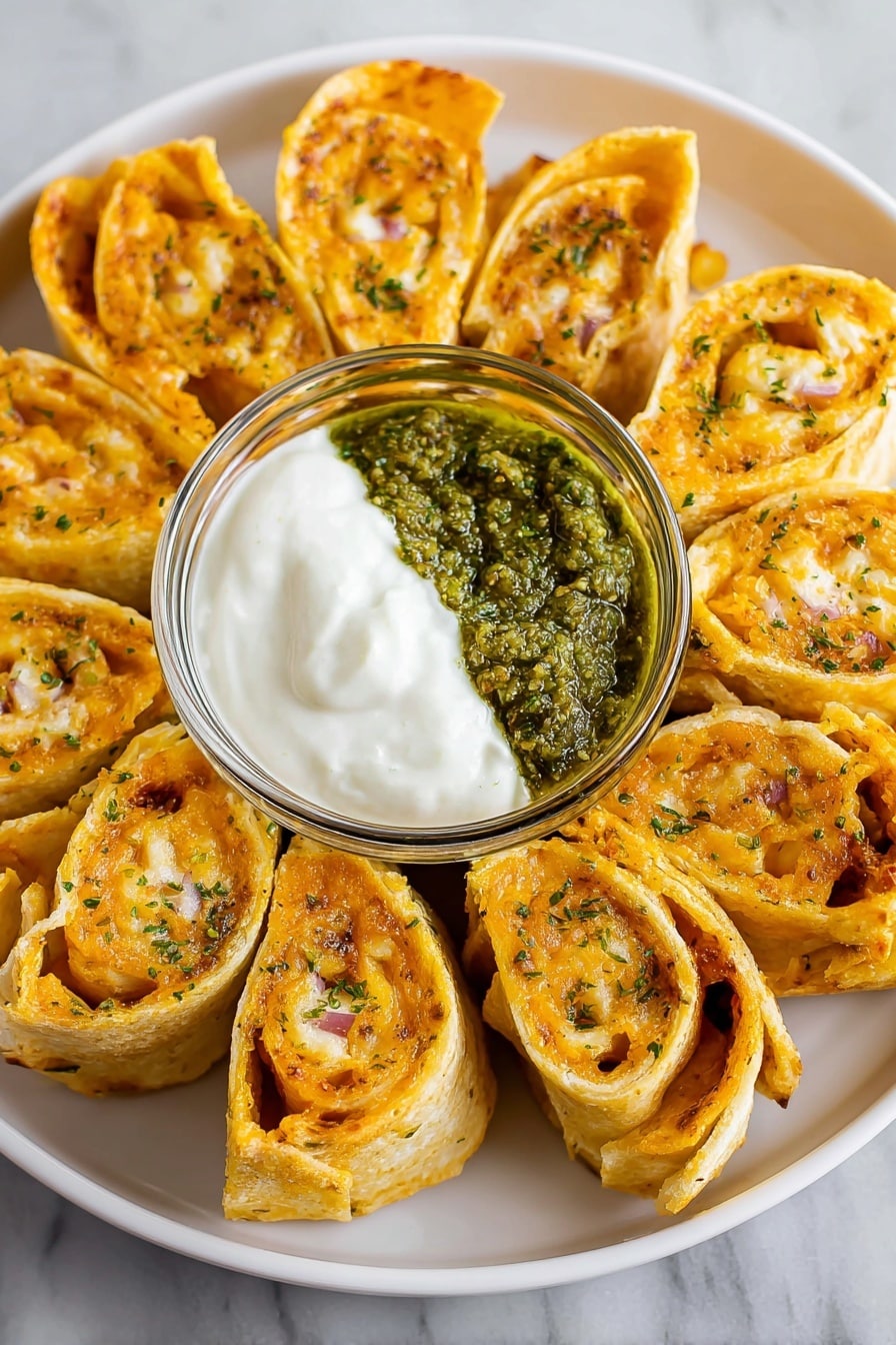 The image shows a black plate arranged with golden-brown rolled tortillas filled with a creamy orange and white cheese mix, sliced into bite-sized pieces and displayed in a circular pattern. In the center of the plate is a small clear glass bowl holding two types of dips; one side is creamy white, and the other side is a textured green pesto sauce with bits of herbs visible. The plate sits on a white marbled surface. photo taken with an iphone --ar 2:3 --v 7 - Cheesy Green Chile Antojitos, Green Chile Snacks, Southwest Appetizers, Easy Mexican Snacks, Basil Pesto Dipping Sauce