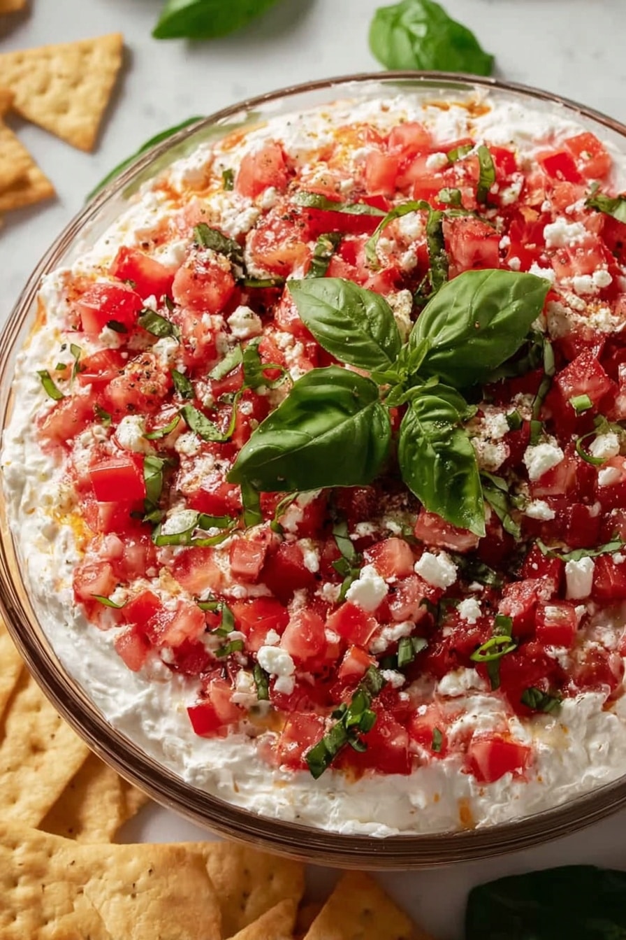 The dish is shown in a clear glass bowl with layers visible, placed on a white marbled surface. The bottom layer is white and creamy, topped with many small red diced tomatoes covering the surface. Scattered over the tomatoes are small white crumbles of cheese and thin green slices of basil leaves. More whole fresh basil leaves are placed on top as decoration, adding a bright green color. Around the bowl, some triangular crackers and green basil leaves can be seen. Photo taken with an iphone --ar 2:3 --v 7 - Vibrant Bruschetta Dip with Fresh Tomatoes, Basil, and Creamy Feta, Bruschetta Dip with Fresh Tomatoes and Feta, Easy Tomato Basil Feta Dip, Creamy Vegetable Appetizer, Party Dip with Fresh Herbs