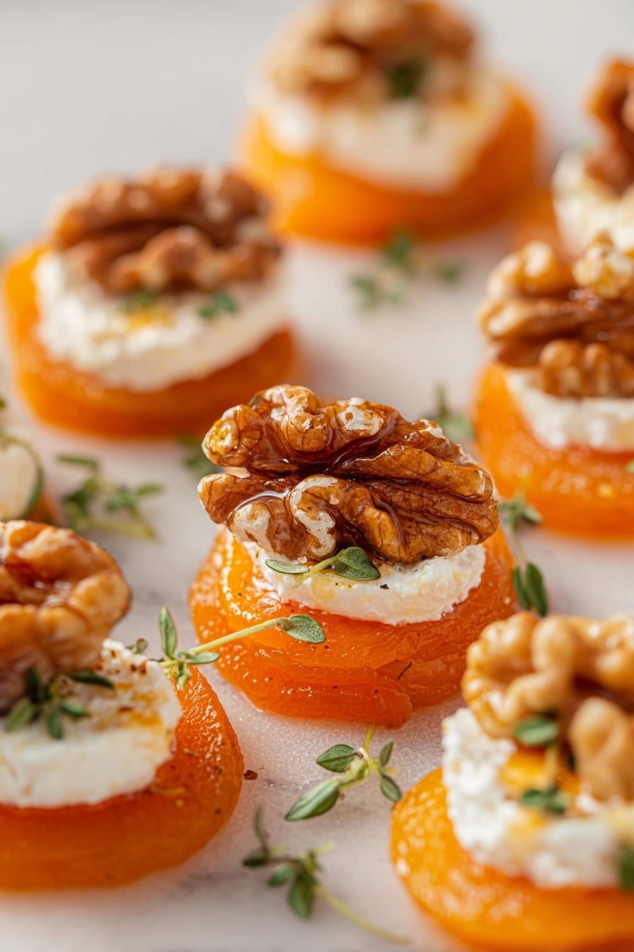 The image shows several small round snacks arranged closely on a white marbled surface. Each snack has three visible layers: a bright orange dried apricot at the bottom, a middle layer of white creamy cheese, and a top layer of a large walnut half with a shiny glaze. Tiny green herb leaves are scattered around, adding detail and a touch of color among the snacks. The focus highlights the textures of the soft apricot, creamy cheese, and rough walnut with good lighting. Photo taken with an iphone --ar 2:3 --v 7 - Elegant Apricot and Goat Cheese Appetizers, Apricot and Goat Cheese Hors d'Oeuvres, Sweet and Savory Appetizer Bites, Quick Elegant Appetizer Ideas, No-Cook Party Appetizers