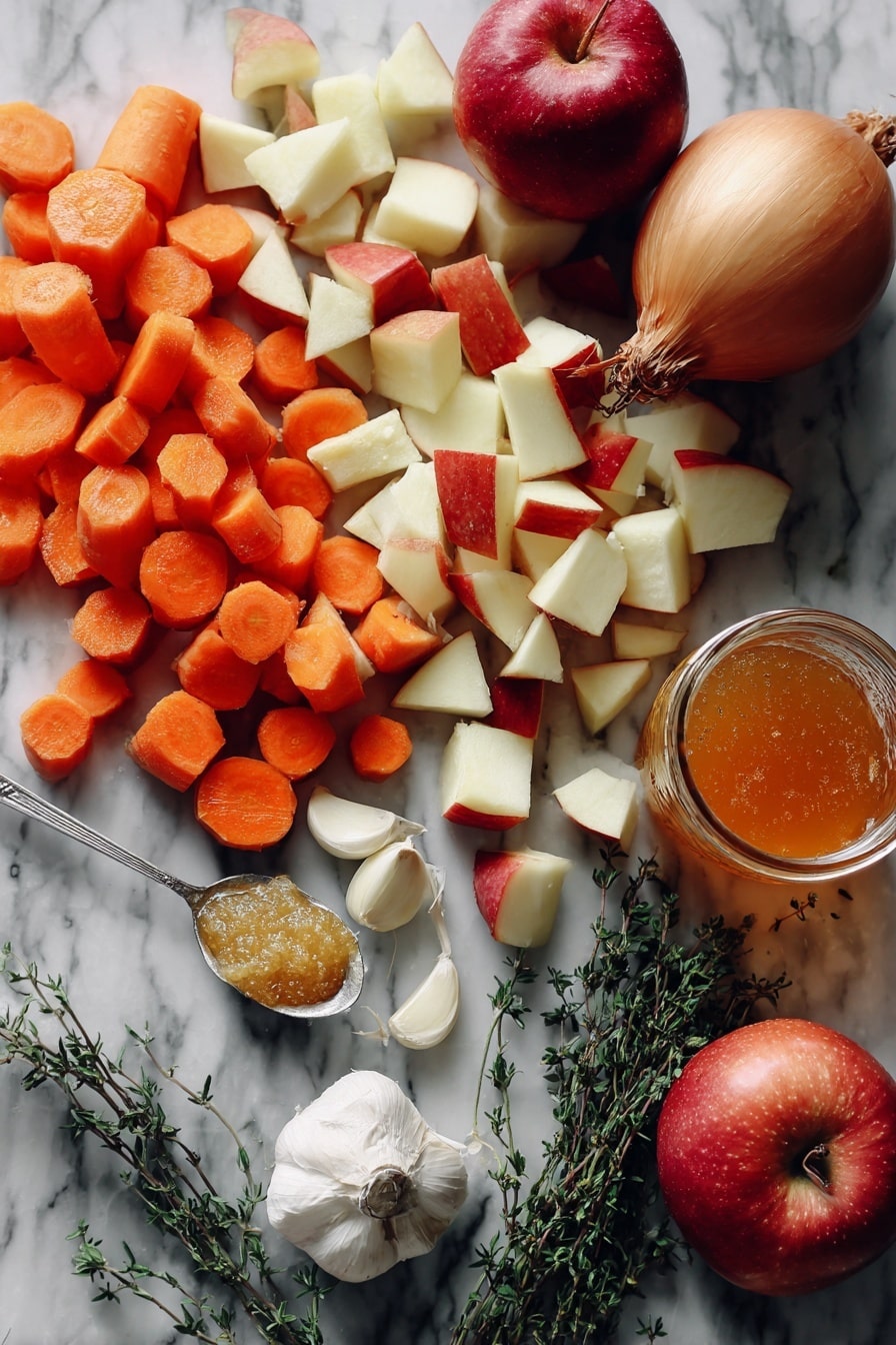 Flat lay of bright orange carrots sliced on the bias, crisp cubes of red and yellow apples, a whole golden onion, several peeled garlic cloves, a small glass jar of amber maple syrup, a spoonful of coarse stone ground dijon mustard, and fresh sprigs of green thyme, all beautifully arranged on a white marble surface, photo taken with an iphone --ar 2:3 --v 7 - Maple Dijon Roasted Carrots and Apples, roasted carrots and apples with maple Dijon, sweet and tangy roasted vegetables, healthy roasted apple and carrot side, easy fall vegetable side dish