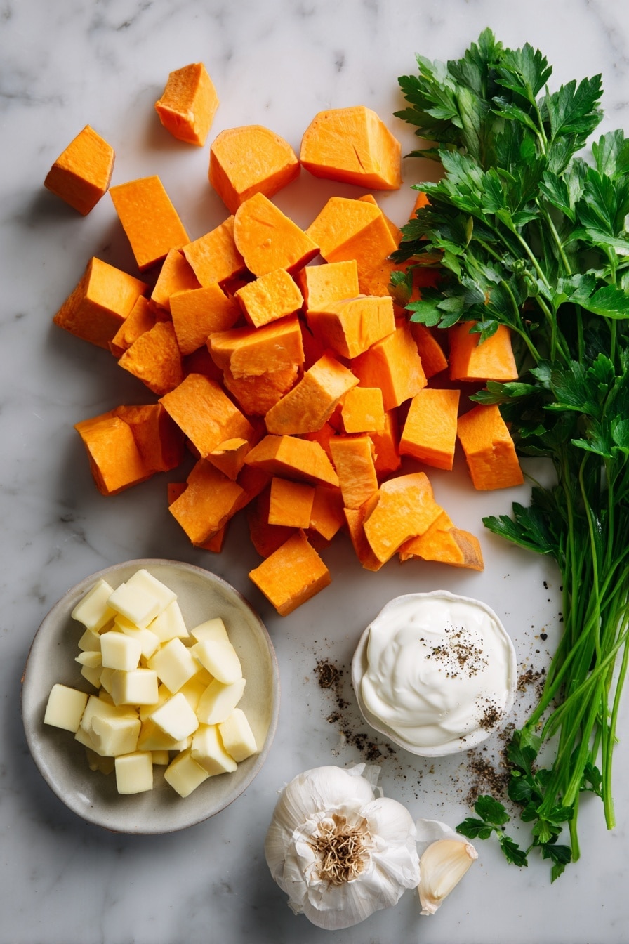 Flat lay of vibrant orange sweet potato cubes, small piles of golden butter cubes, a peeled garlic clove finely minced, a dollop of creamy white sour cream, scattered fresh bright green parsley leaves, and a few twists of freshly ground black pepper, all beautifully arranged on a white marble surface, photo taken with an iphone --ar 2:3 --v 7 - Creamy Savory Mashed Sweet Potatoes, mashed sweet potato side dish, easy sweet potato recipes, savory sweet potato mash, quick holiday side dishes