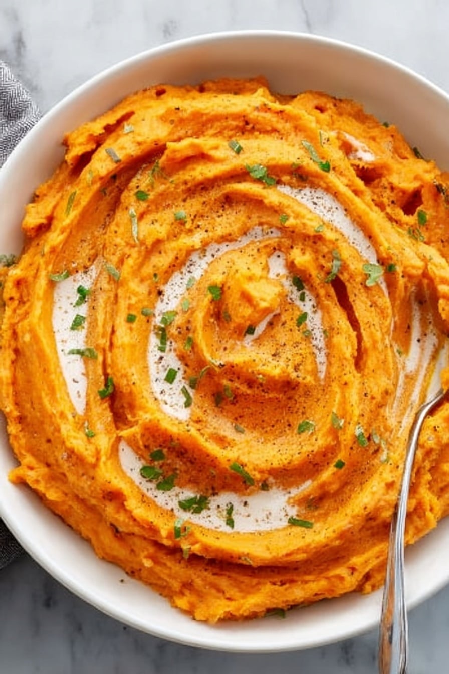 A white bowl filled with bright orange mashed sweet potatoes, swirled to create thick wavy layers with soft texture. White cream is swirled into the mash in small streaks across the top layer. The mashed potatoes are sprinkled with small black pepper dots and bits of green herbs, adding contrast. A silver spoon is placed inside the bowl at the edge. The bowl sits on a white marbled surface with a light grey cloth partly visible on the left side. Photo taken with an iphone --ar 2:3 --v 7 - Creamy Savory Mashed Sweet Potatoes, mashed sweet potato side dish, easy sweet potato recipes, savory sweet potato mash, quick holiday side dishes