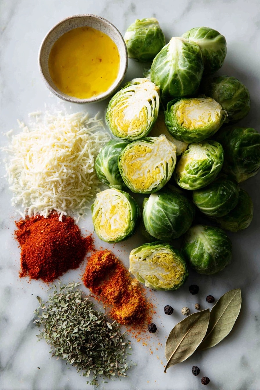 Flat lay of fresh halved Brussels sprouts, a small pile of melted golden butter, a heap of finely grated Parmesan cheese, bright red smoked paprika powder, dried green oregano leaves, whole black peppercorns scattered lightly, all beautifully arranged with vibrant colors and textures, placed on a white marble surface, photo taken with an iphone --ar 2:3 --v 7 - Oven Roasted Parmesan Brussels Sprouts, roasted Brussels sprouts, Parmesan Brussels sprouts side dish, healthy vegetable side, easy Brussels sprouts recipe