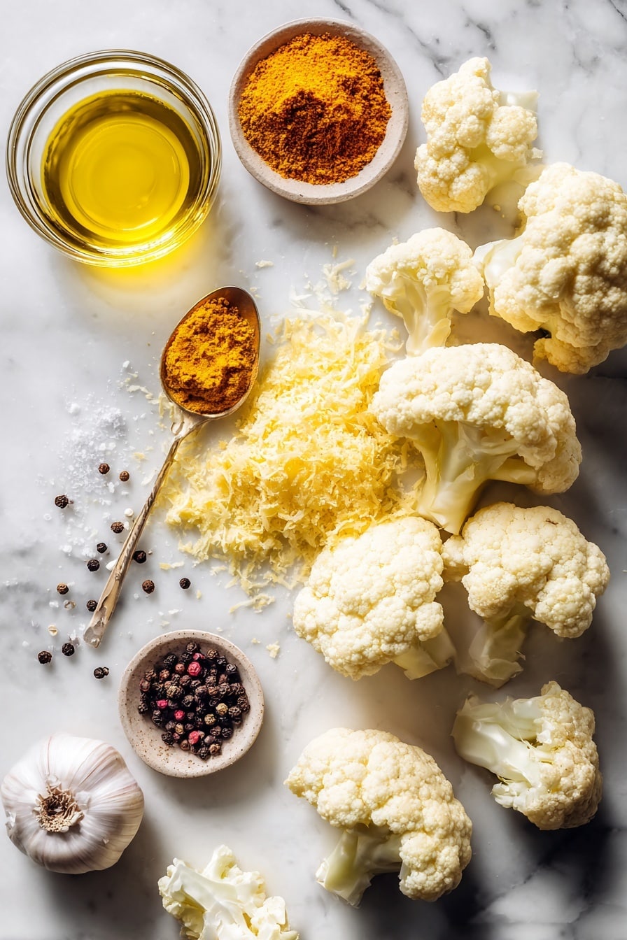 Flat lay of fresh cauliflower florets, golden grated parmesan cheese, vibrant smoked paprika powder, bright yellow turmeric powder, fine garlic powder, shiny olive oil in a small puddle, cracked black peppercorns scattered, and a pinch of coarse salt crystals, all beautifully arranged on a white marble surface, photo taken with an iphone --ar 2:3 --v 7 - Crispy Air Fryer Cauliflower Without Breading, healthy cauliflower snacks, air fryer cauliflower recipes, gluten-free cauliflower side dish, low-carb vegetable recipes