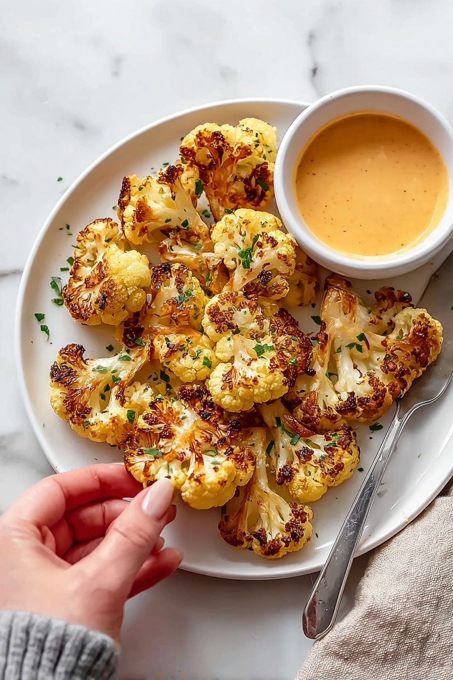 A white plate with about 15 pieces of golden roasted cauliflower florets arranged in a loose pile, each floret showing a browned, slightly crisp texture with some green herb flakes sprinkled on top. On the right side of the plate, there is a small white bowl filled with orange creamy dipping sauce. A woman's hand is dipping one roasted cauliflower piece into the sauce. A silver knife rests on the plate’s edge near the dipping bowl. The scene is set on a white marbled surface with a corner of a beige cloth visible in the lower right. photo taken with an iphone --ar 2:3 --v 7 - Crispy Air Fryer Cauliflower Without Breading, healthy cauliflower snacks, air fryer cauliflower recipes, gluten-free cauliflower side dish, low-carb vegetable recipes