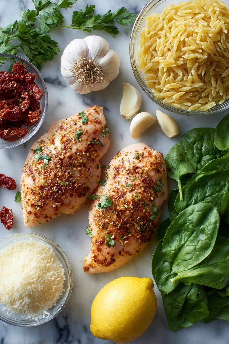 Flat lay of plump boneless chicken breasts rubbed with Italian seasoning and smoked paprika, scattered garlic cloves, a small finely chopped onion, golden orzo pasta, vibrant fresh baby spinach leaves, rich sun-dried tomatoes glistening with oil, a wedge of bright lemon, fresh green parsley sprigs, and a small mound of grated Parmesan cheese, all beautifully arranged on a white marble surface, photo taken with an iphone --ar 2:3 --v 7 - One Pot Chicken and Orzo, one pot chicken and orzo, easy chicken and orzo dinner, creamy chicken and orzo, quick weeknight chicken dinner