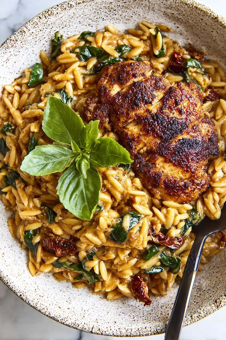 A white speckled plate with a thin brown rim holds a serving of rice mixed with green spinach, small chunks of tomato, and bits of onion, all coated in a rich orange sauce. On top, there is a grilled piece of meat with a dark brown, slightly charred exterior. A fresh green basil sprig lays next to the meat, adding a touch of bright color. The plate sits on a white marbled surface, with a small bunch of pale dried flowers in a clear brown jar at the top right corner. photo taken with an iphone --ar 2:3 --v 7 - One Pot Chicken and Orzo, one pot chicken and orzo, easy chicken and orzo dinner, creamy chicken and orzo, quick weeknight chicken dinner