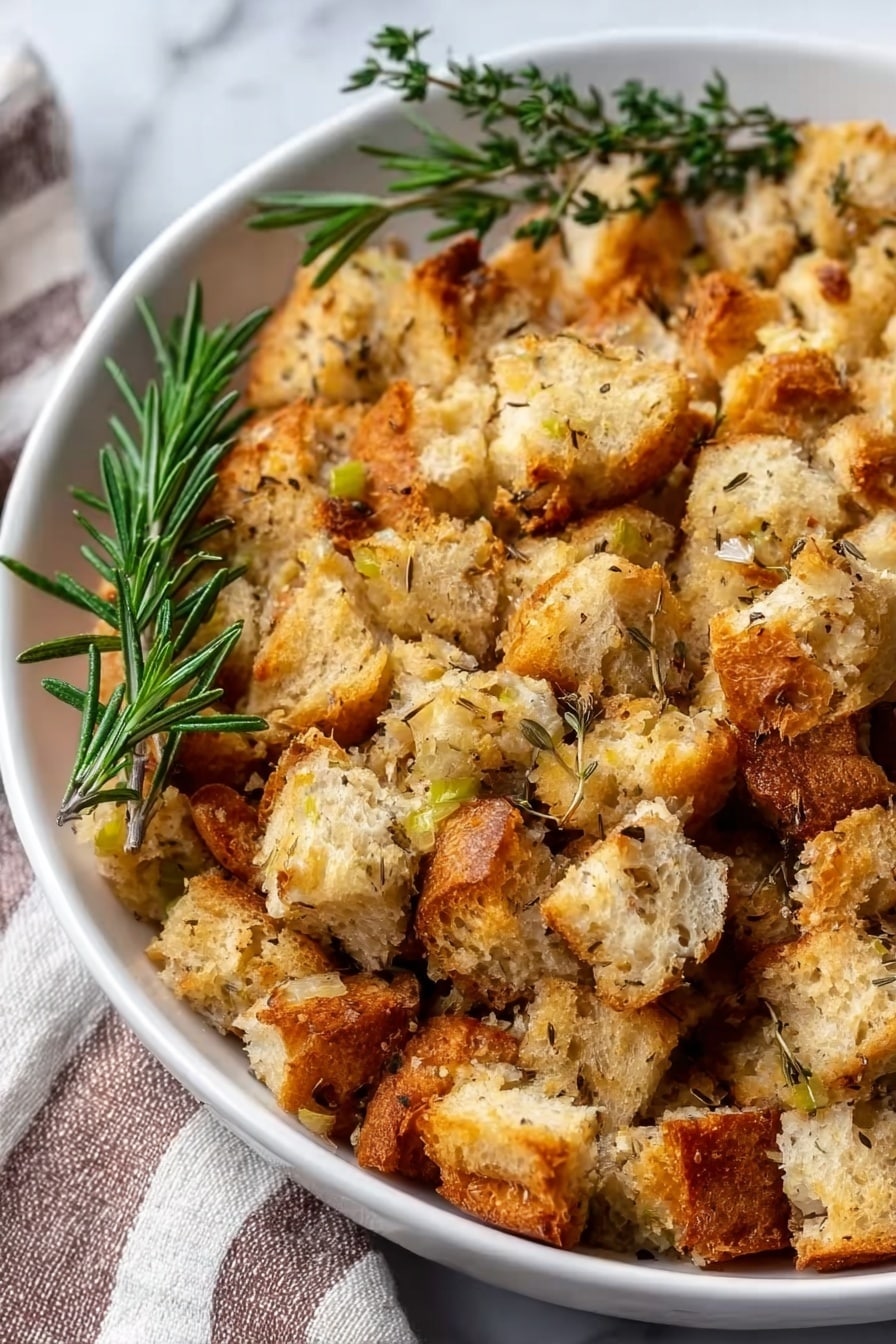A close-up image shows a white bowl filled with golden brown toasted bread pieces with some green bits mixed in, likely herbs or vegetables. The bread cubes look lightly crispy and uneven in size, layered loosely inside the bowl. On top and to one side, fresh sprigs of rosemary and thyme lie as garnish, adding a touch of green and texture contrast. The bowl sits on a white marbled surface with a soft, striped cloth in the background. Photo taken with an iphone --ar 2:3 --v 7 - Grandma's Thanksgiving Turkey Stuffing, classic holiday stuffing recipe, easy Thanksgiving stuffing, homemade stuffing for Thanksgiving, family favorite stuffing