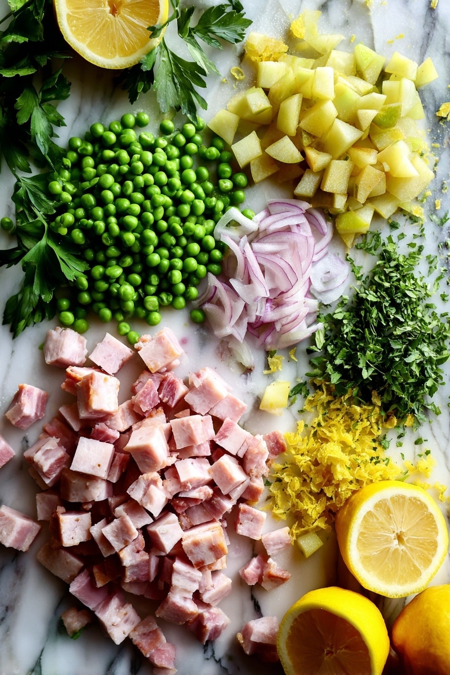 Flat lay of small diced golden pancetta cubes, thinly sliced pale pink shallots, bright green frozen peas, small diced juicy pear pieces with a light lemon glaze, fresh green parsley leaves roughly chopped, vibrant yellow lemon slices and zest, placed on a white marble surface, photo taken with an iphone --ar 2:3 --v 7 - Thanksgiving Peas with Pear and Pancetta, holiday side dishes with peas and pear, easy Thanksgiving vegetable sides, savory pear and pancetta sides, festive holiday vegetable recipes