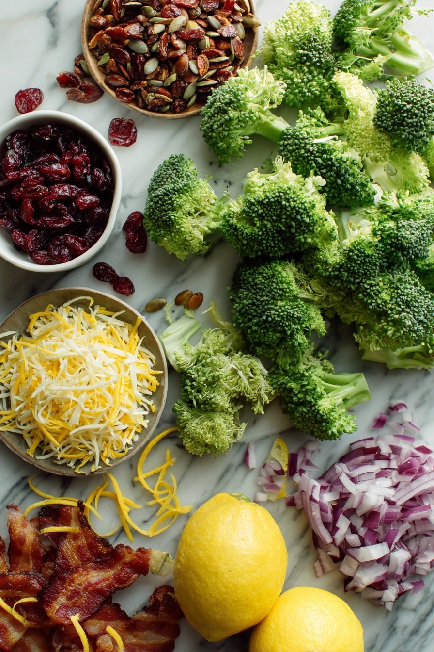 Flat lay of fresh broccoli florets and chopped broccoli stems, crispy cooked bacon strips broken into bite-size pieces, bright red dried cranberries, roasted and salted sunflower seeds, shredded sharp cheddar cheese, finely chopped vibrant red onion, and a whole lemon with zest curls artfully scattered, placed on a white marble surface, photo taken with an iphone --ar 2:3 --v 7 - Broccoli Salad with Bacon, Cranberries, and Cheddar, broccoli salad with bacon, cranberry broccoli salad, cheesy broccoli salad, healthy broccoli salad, easy broccoli salad