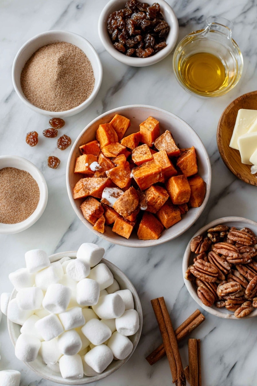 Flat lay of roasted sweet potato cubes dusted with ground cinnamon and nutmeg, plump soaked raisins glistening, small pats of unsalted butter, a drizzle of pure maple syrup pooling slightly, raw pecans scattered generously, fluffy white marshmallows, and a small bowl of brown sugar, all arranged beautifully with warm natural light, placed on a white marble surface, photo taken with an iphone --ar 2:3 --v 7 - Southern Maple Sweet Potato Casserole, sweet potato casserole with maple syrup, holiday sweet potato side dish, baked sweet potato casserole, easy sweet potato casserole recipe