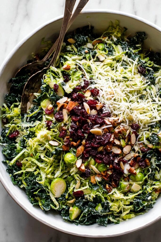Kale and Brussels Sprout Salad with Lemon Dijon Dressing and Toasted Nuts Recipe