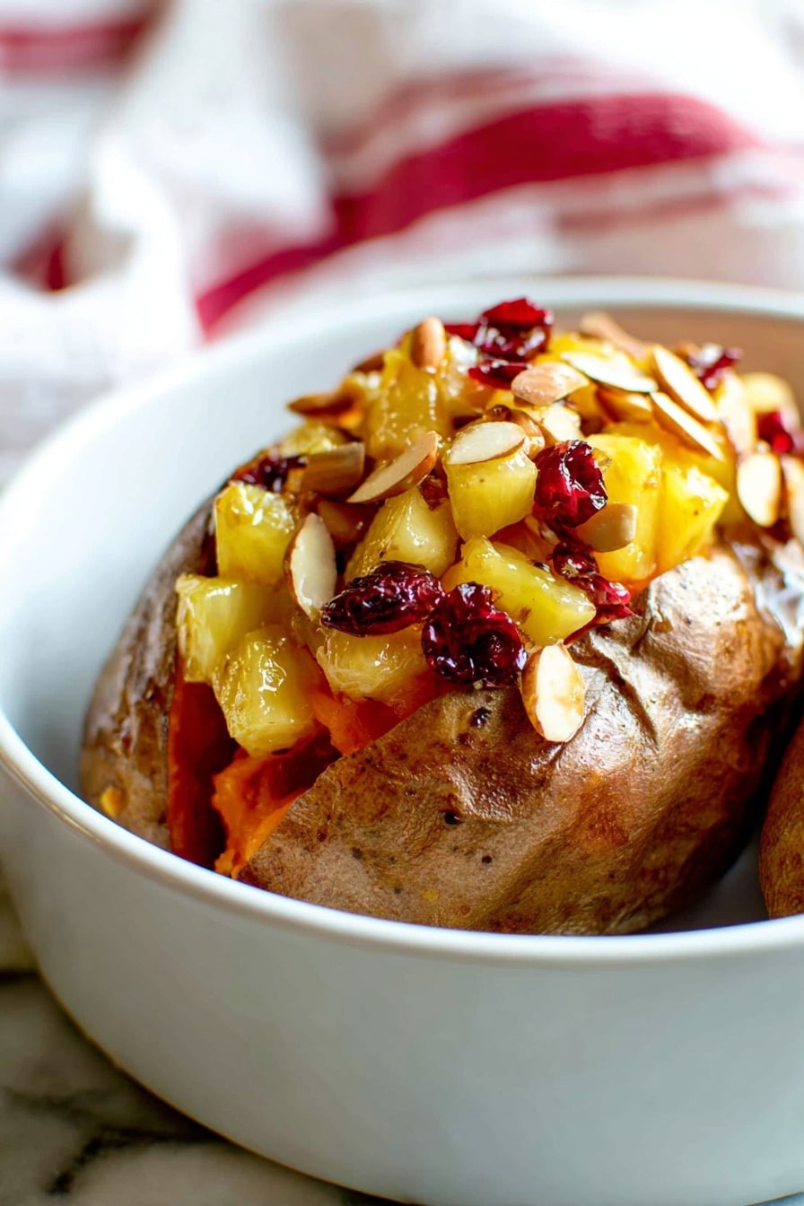 The dish shows a white bowl with a baked potato in the center. The potato skin is brown and slightly wrinkled, and it is cut open with soft orange inside visible. On top, there is a layer of small yellow pineapple chunks mixed with slivered almonds and small red pieces that look like dried cranberries. The pineapple and almond mix looks shiny as if mixed with a light glaze or sauce, and some of this topping spills over onto the white bowl. The background is a white marbled texture, with a blurred red and white striped cloth in the upper part of the image. The scene is close up and bright, showing the details of the textures and colors. photo taken with an iphone --ar 2:3 --v 7 - Cranberry Apple Twice-Baked Sweet Potatoes, holiday sweet potato side dish, fall vegetarian main, cozy sweet potato recipe, fresh cranberry apple dessert