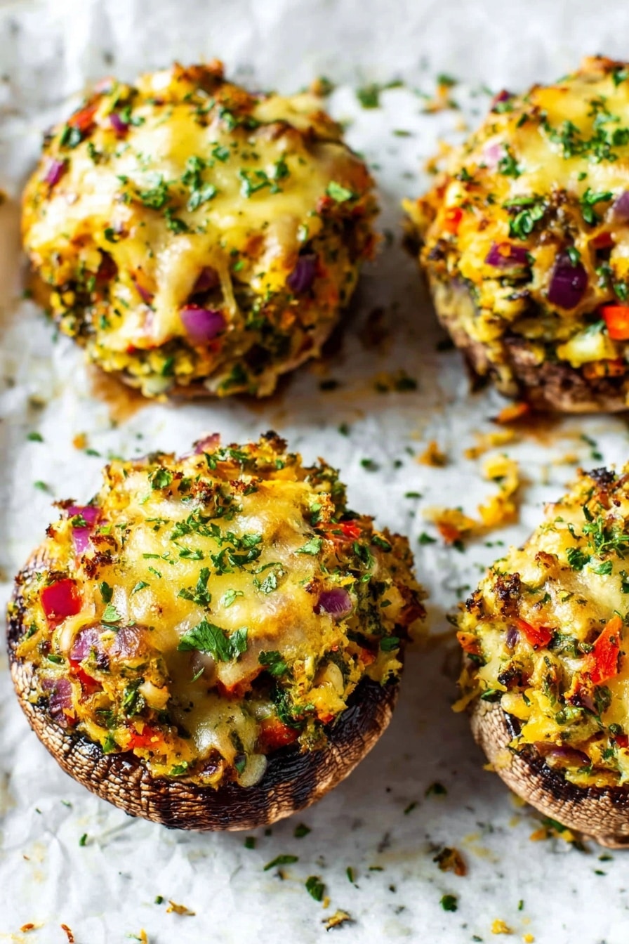 Four stuffed mushrooms sit on a white marbled surface lined with white parchment paper. Each mushroom is filled with a colorful mixture of finely chopped red onion, red bell pepper, and green herbs, creating a textured, layered look. The top layer is covered with melted pale yellow cheese that has slightly browned spots. The herbs are sprinkled on top, adding a fresh green touch. Some bits of the filling and cheese have spilled over the sides, giving a rustic appearance. photo taken with an iphone --ar 2:3 --v 7 - Stuffed Portobello Mushrooms with Chicken, Cheddar, and Veggies, stuffed portobello mushrooms, chicken stuffed mushrooms, cheesy mushroom boats, healthy stuffed mushrooms, easy mushroom dinner