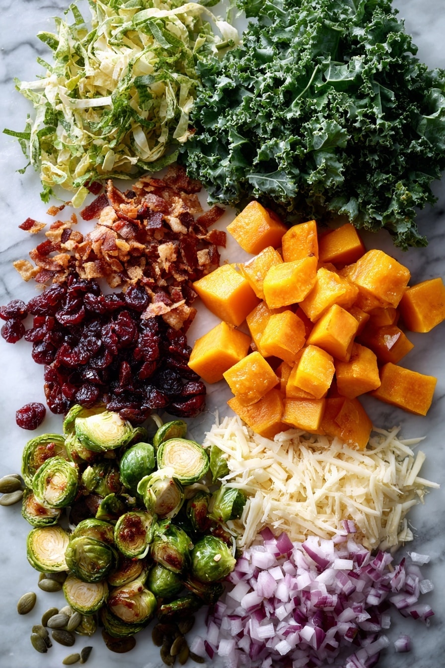 Flat lay of golden roasted butternut squash cubes, crispy green brussels sprouts slices, fresh curly kale leaves finely chopped, bright red diced onion, crumbled cooked turkey sausage, shredded parmesan cheese, deep red dried cranberries, and green pumpkin seeds all beautifully arranged in groups and layers, placed on a white marble surface, photo taken with an iphone --ar 2:3 --v 7 - Fall Harvest Pasta Salad, autumn pasta salad, cranberry pasta salad, healthy fall pasta dish, easy fall pasta recipe
