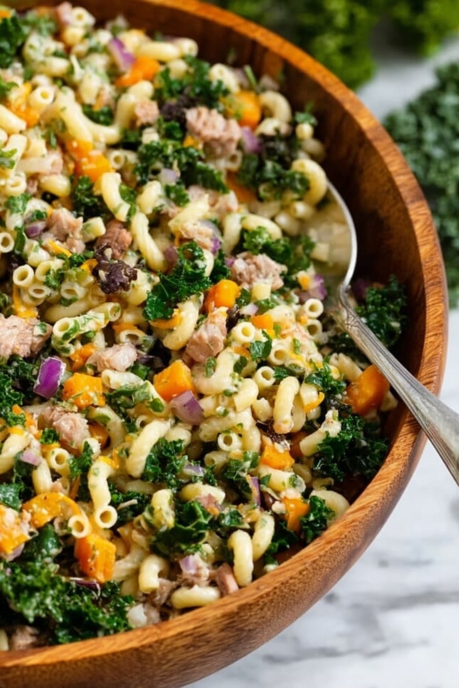 A close-up view of a wooden bowl filled with a colorful pasta salad. The salad has small pasta tubes mixed with green kale leaves, orange carrot pieces, light beige cooked meat, and small bits of purple onion. A silver spoon is inside the bowl on the right side, partially covered by the salad. The bowl sits on a white marbled surface with some green blurred plants in the background. photo taken with an iphone --ar 2:3 --v 7 - Fall Harvest Pasta Salad, autumn pasta salad, cranberry pasta salad, healthy fall pasta dish, easy fall pasta recipe