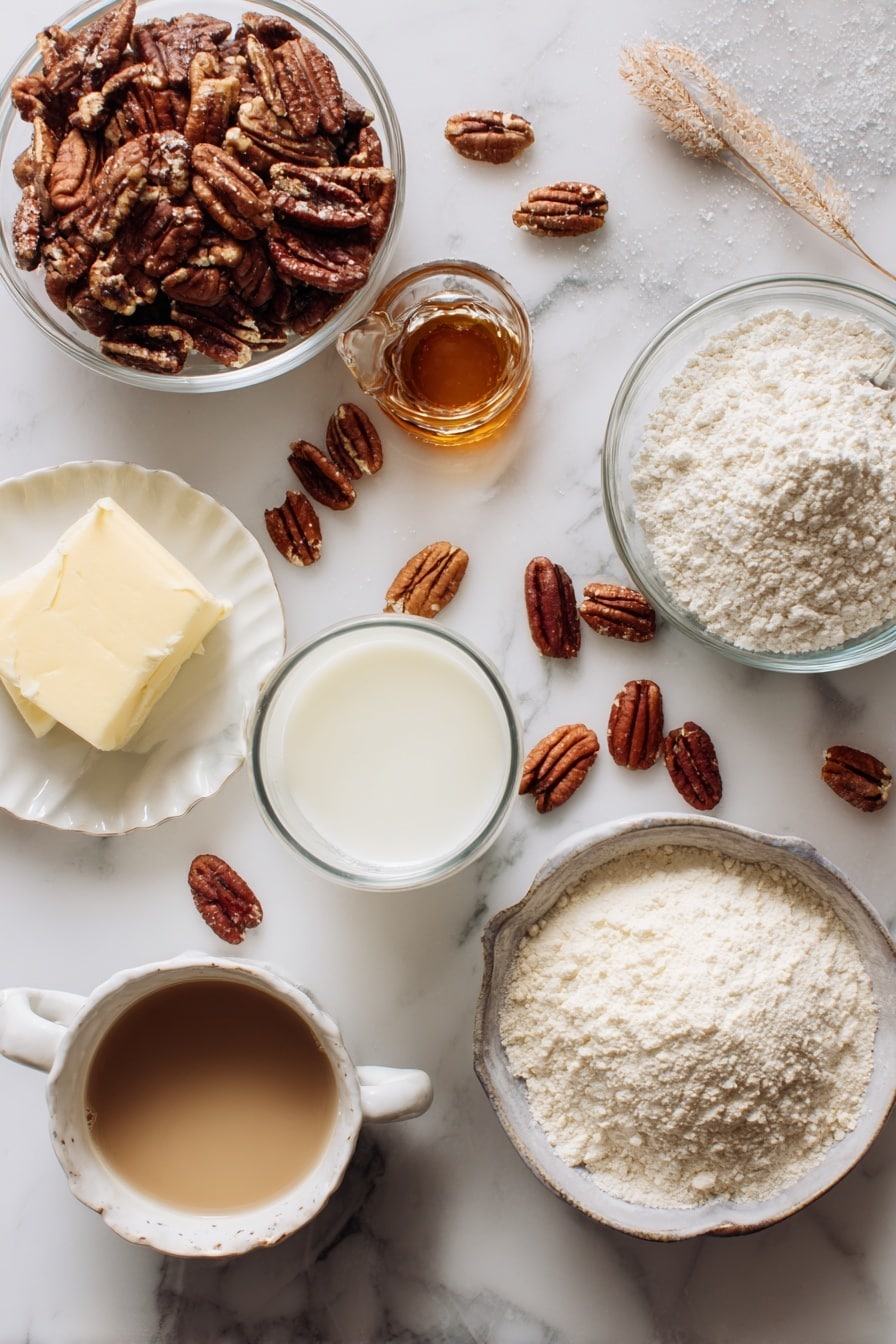 Flat lay of coarsely chopped pecans, packed brown sugar, golden melted butter in a small pool, granulated sugar crystals sparkling, a mound of pale all-purpose flour, creamy milk in a small pour, a small glass container of vanilla extract with a light amber hue, and a steaming cup of hot water, all beautifully arranged with some pecans scattered artistically around, placed on a white marble surface, photo taken with an iphone --ar 2:3 --v 7 - Pecan Pie Pudding Cake, easy pecan dessert, crowd-pleasing puddings, caramel pecan cake, best holiday dessert