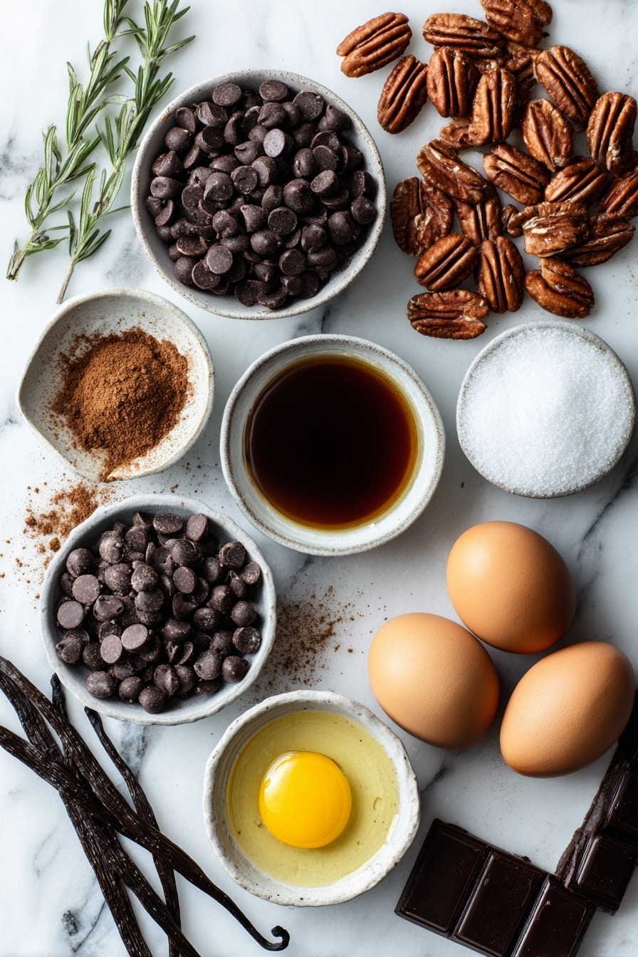 Flat lay of glossy dark chocolate chips, whole shelled pecans with rich brown tones, golden melted butter shimmering softly, a small pile of dark brown sugar crystals, smooth large eggs with subtle reflections, a delicate pool of dark corn syrup, a few sprigs of vanilla bean pods, and a light dusting of ground cinnamon artfully scattered, all placed on a white marble surface, photo taken with an iphone --ar 2:3 --v 7 - Dark Chocolate Pecan Pie, chocolate pecan pie, decadent pecan pie, holiday pecan pie, chocolate dessert recipe