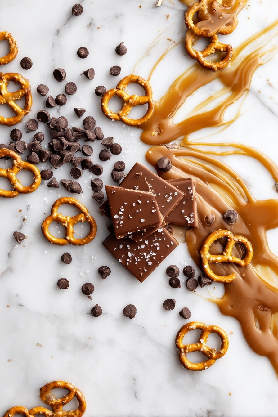 Flat lay of shiny semi-sweet chocolate chips scattered next to golden crunchy pretzels and smooth, rich caramel squares swirled with creamy heavy cream, sprinkled with delicate flakes of sea salt, all beautifully arranged with a few broken pretzel pieces and a caramel drizzle artfully flowing across the scene, placed on a white marble surface, photo taken with an iphone --ar 2:3 --v 7 - Salted Caramel Pretzel Bark, salty chocolate pretzel bark, caramel and pretzel chocolate treat, easy salted caramel bark, homemade pretzel bark