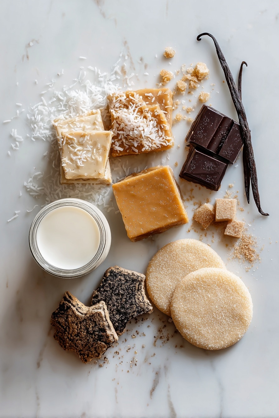 Flat lay of soft caramel squares, shredded toasted sweetened coconut, dark chocolate chunks, pale golden buttery dough discs, a small glass of whole milk, vanilla bean pod, and raw cane sugar crystals, all beautifully arranged in a balanced composition on a white marble surface, photo taken with an iphone --ar 2:3 --v 7 - Homemade Samoas Cookies, Samoas cookies from scratch, Girl Scout Samoa cookie copycat, caramel coconut chocolate cookies, homemade Samoa treat