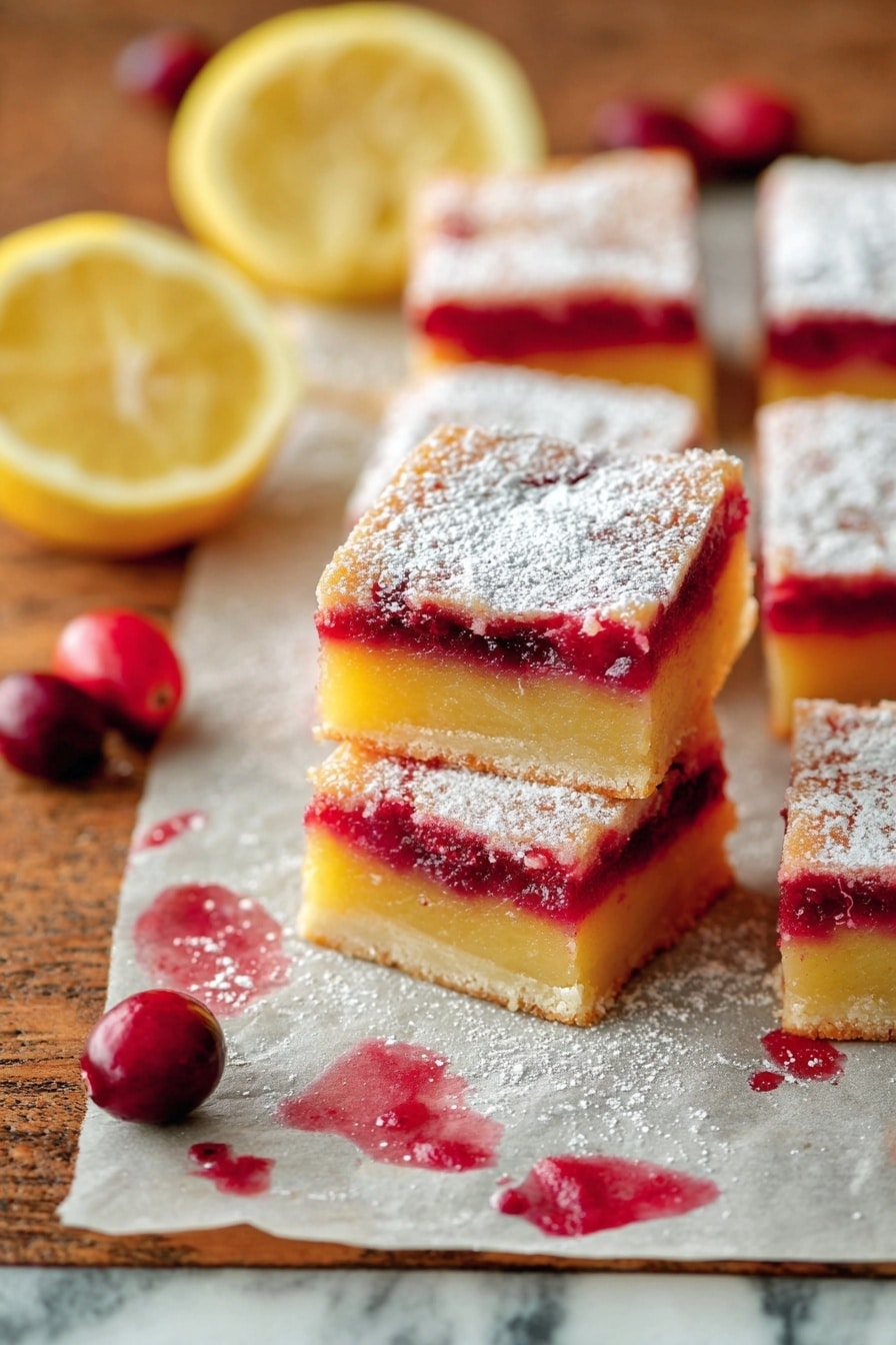 The image shows several square lemon cranberry bars arranged in a group, each with three visible layers: a pale golden crust at the bottom, a bright, deep red cranberry layer in the middle, and a smooth yellow lemon layer on top, dusted with a white powdery sugar. The bars are sitting on parchment paper that has red stains and juice marks, with a few whole red cranberries scattered around and two lemon halves on the left side. The scene is set on a wooden table with a white marbled texture in the background. photo taken with an iphone --ar 2:3 --v 7 - Cranberry Lemon Bars, Lemon Cranberry Bars, Tart and Sweet Lemon Bars, Easy Holiday Bar Desserts, Zesty Fruit Bars
