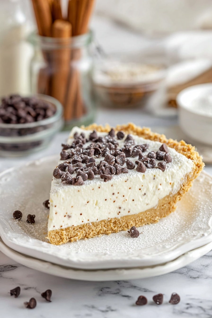 A slice of pie is shown on a white plate with a scalloped edge. The pie has two layers: a thick, crumbly golden crust at the bottom and a thick, creamy white filling on top, lightly speckled with tiny brown dots suggesting vanilla. The top of the filling is garnished with small dark chocolate chips scattered evenly and dusted with powdered sugar. A white marbled surface is below the plate, and blurred cinnamon sticks in a glass jar and a small bowl with more chocolate chips appear in the background. Photo taken with an iphone --ar 2:3 --v 7 - Cannoli Tart, Cannoli Tart Recipe, Creamy Mascarpone Tart, No-Bake Dessert, Easy Italian Dessert