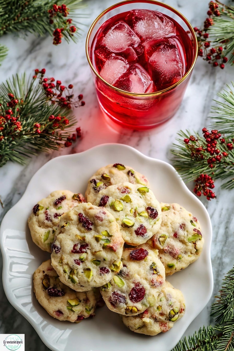 A white scalloped plate holds a stack of seven round cookies, each with a light golden-brown base dotted with bright green pistachio pieces and deep red dried cranberries, giving a colorful and textured look. The cookies are slightly thick with a soft surface showing small cracks. Next to the plate, a short clear glass with a gold-rimmed edge contains a bright red drink filled with large ice cubes and floating cranberries. Around the plate and glass, green pine branches and red berries are spread on a white marbled surface, adding a festive touch. Photo taken with an iphone --ar 2:3 --v 7 - Pistachio Cranberry Shortbread, festive shortbread cookies, easy holiday cookies, buttery pistachio cookies, cranberry white chocolate cookies